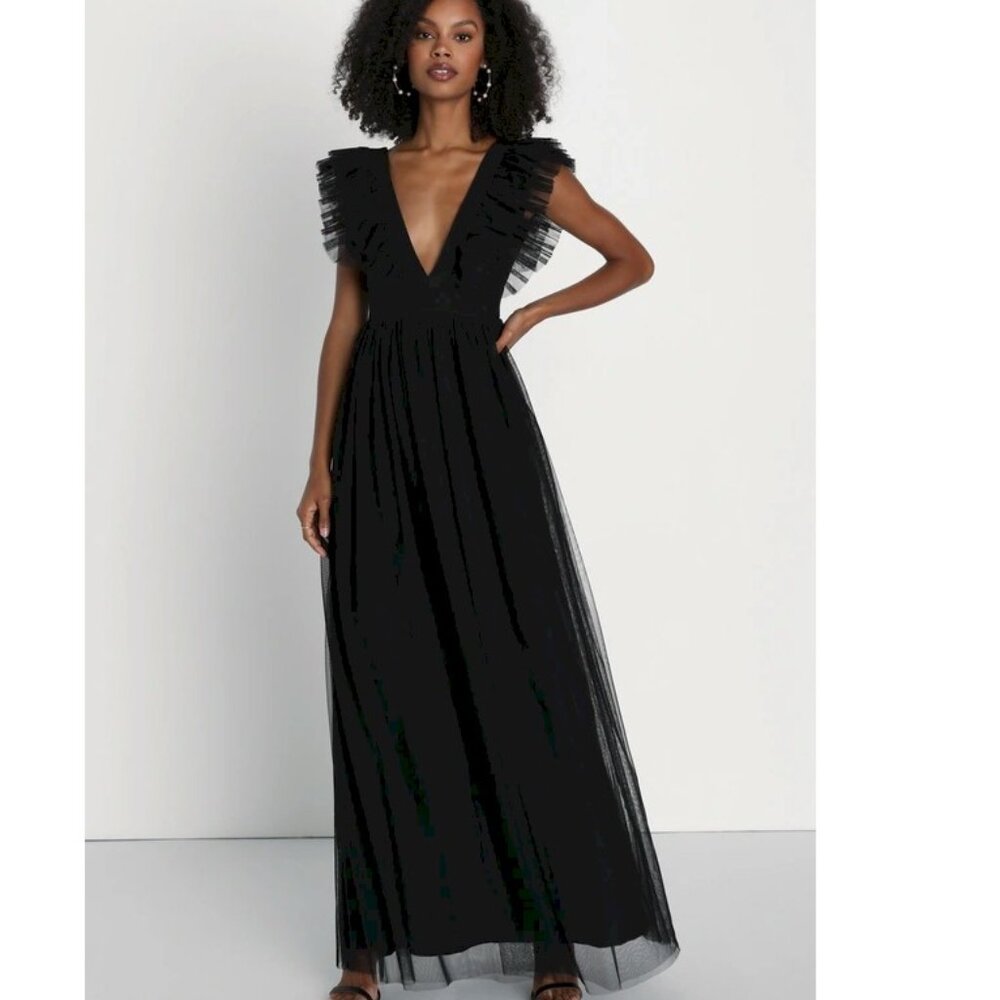 Lulus Simply Delighted Black Mesh Ruffled Backless Maxi Dress Size XS New NWT
